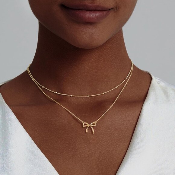 Elegant 14K Gold Bow Necklace for Women - Adjustable Dainty Choker Gift - Picture 4 of 8